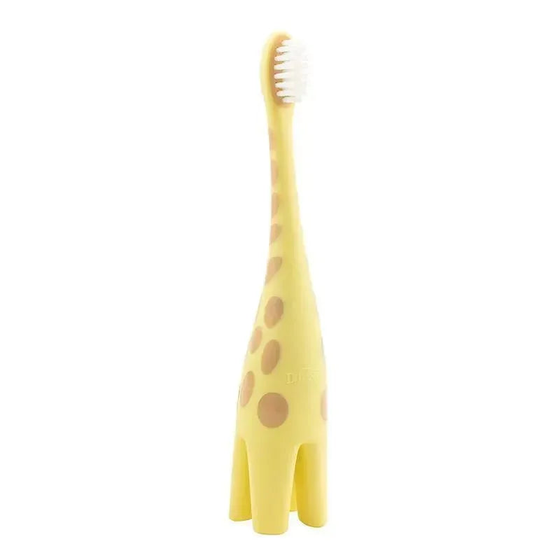 Infant toothbrush shaped like a giraffe, featuring a soft bristle head and yellow body with brown spots.