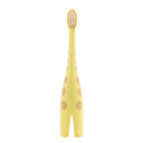 Yellow giraffe-shaped infant toothbrush with soft bristles and polka dots for easy grip and gentle cleaning.