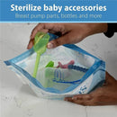 Microwave steam sterilizer bag containing baby bottle parts, breast pump parts, and accessories with a hand holding a green item.