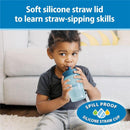 Soft silicone straw toddler training cup in blue-green, with a child sipping from it, promotes spill-proof learning.