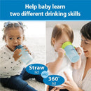Toddler training cup set with straw and 360° lids, shown in use by children, featuring blue-green color and 10 oz capacity.