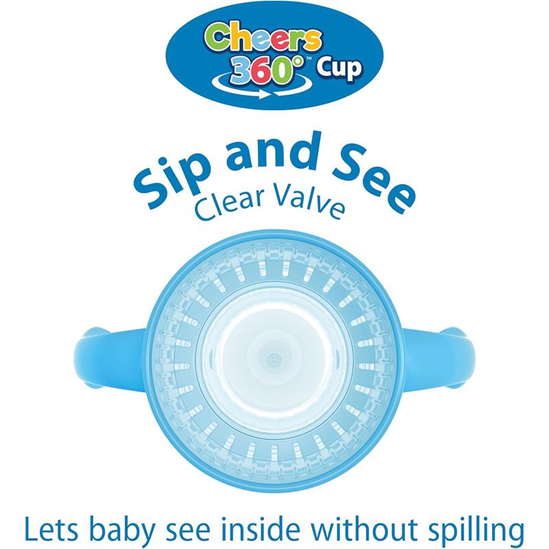 Toddler training cup in ocean blue with clear valve, featuring “Sip and See” design for spill-free use.