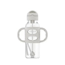Narrow gray sippy straw bottle with silicone handles, featuring a transparent body and a white straw.