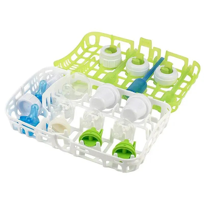 Dishwashing basket for baby bottles and nipples, featuring a white and green design with various bottle components securely held in place.