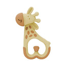 Cute giraffe-shaped baby teether in soft yellow and brown, designed for massage and soothing teething discomfort.