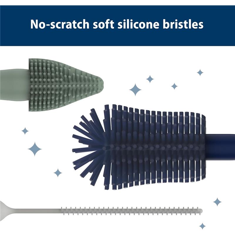 Cleaning brush set featuring no-scratch soft silicone bristles in various shapes, ideal for bottle cleaning.