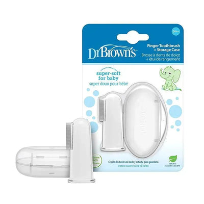 Silicone finger toothbrush with storage case for babies, featuring a soft bristle design and packaging with an elephant illustration.