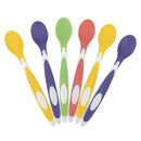 Soft tip baby spoons in a 6-pack featuring yellow, purple, green, red, and blue colors with ergonomic grips for toddlers.