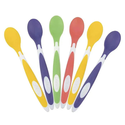 Soft tip baby spoons in a 6-pack featuring yellow, purple, green, red, and blue colors with ergonomic grips for toddlers.