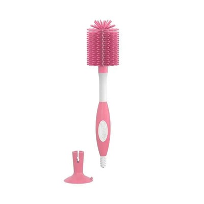 Soft Touch Bottle Brush in pink, featuring a soft bristle head and a built-in stand for easy drying and storage.