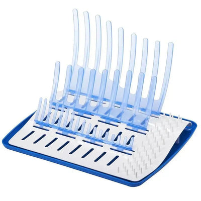 Universal drying rack with blue and white design, featuring multiple slots for drying bottles and accessories.
