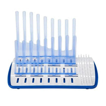 Universal drying rack with blue and white design, featuring upright compartments for drying bottles and accessories.