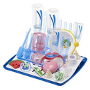 Universal drying rack for baby bottles and accessories, featuring clear and colorful holders for various items.