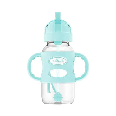 Wide-neck sippy straw bottle with silicone handles, features a turquoise design and a clear body for visibility.