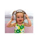 Toddler wearing oversized light grey earmuffs and a colorful floral swimsuit, smiling happily.