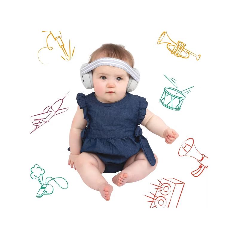 Baby wearing white earmuffs and a hard headband, seated in a denim outfit, with musical instrument illustrations around.