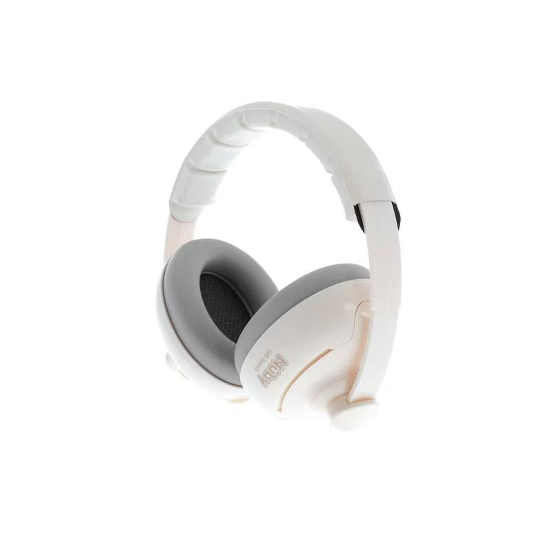 Earmuffs designed for babies, featuring a hard headband and elastic headband in white with gray cushioning.