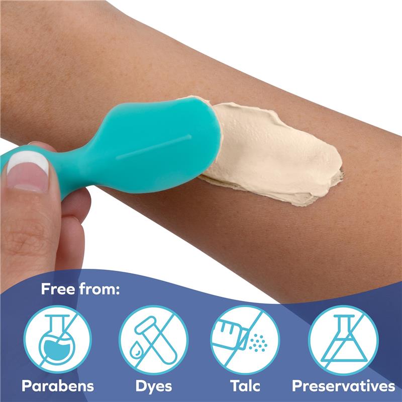 Baby Diaper Rash Ointment being applied to skin with a teal applicator, highlights being free from parabens, dyes, talc, and preservatives.