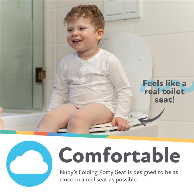 Child smiling while sitting on a white folding potty seat in a bathroom, with text highlighting its comfort and real-seat feel.