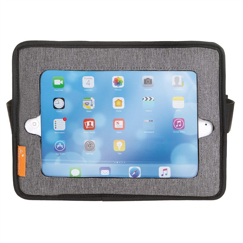 Dreambaby Backseat Mirror with Tablet Holder in grey, featuring a tablet compartment displaying various app icons.