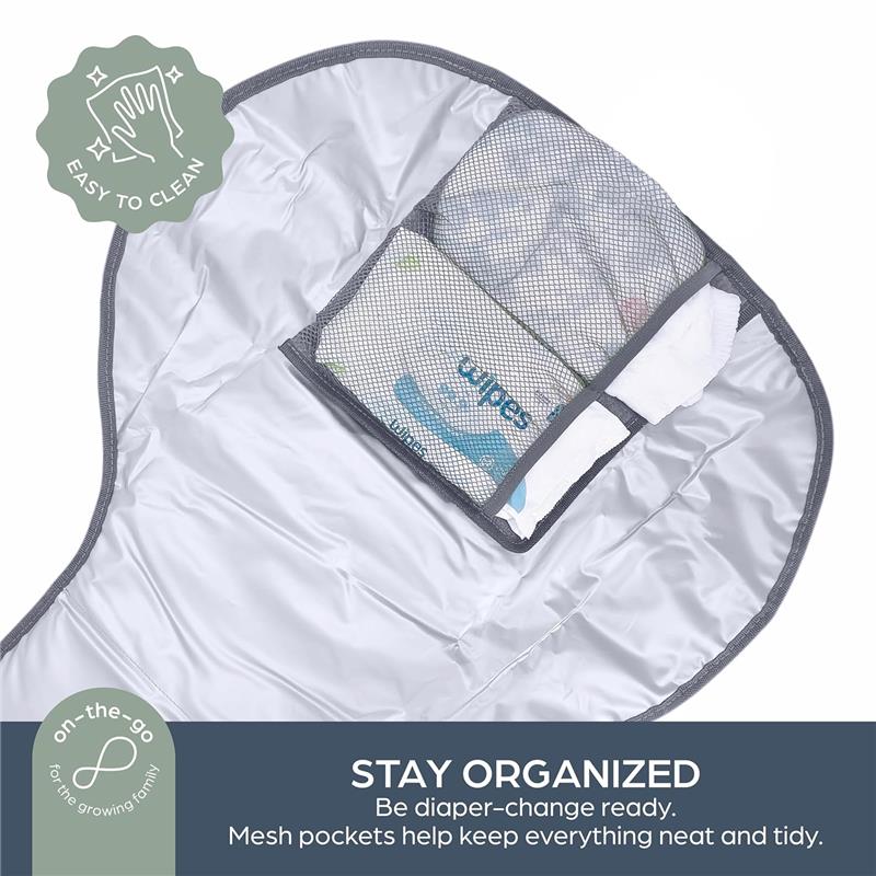 Charcoal change mat with mesh pockets for organized diaper changes; easy to clean surface.