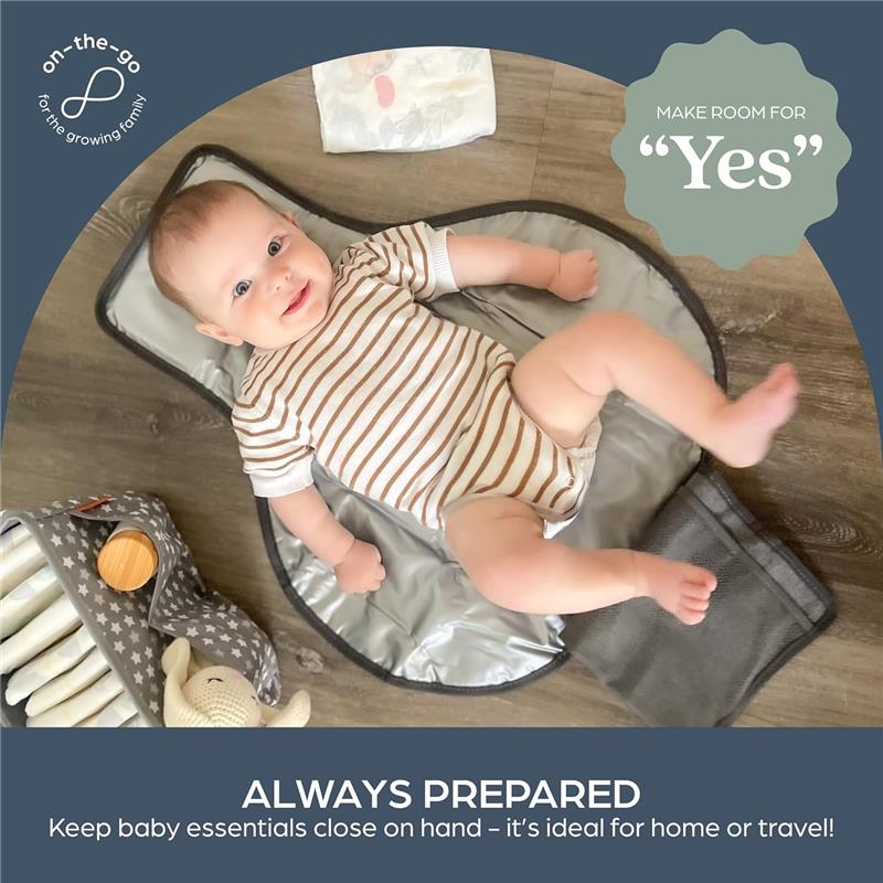 Charcoal change mat featuring a smiling baby in a striped onesie, surrounded by baby essentials.