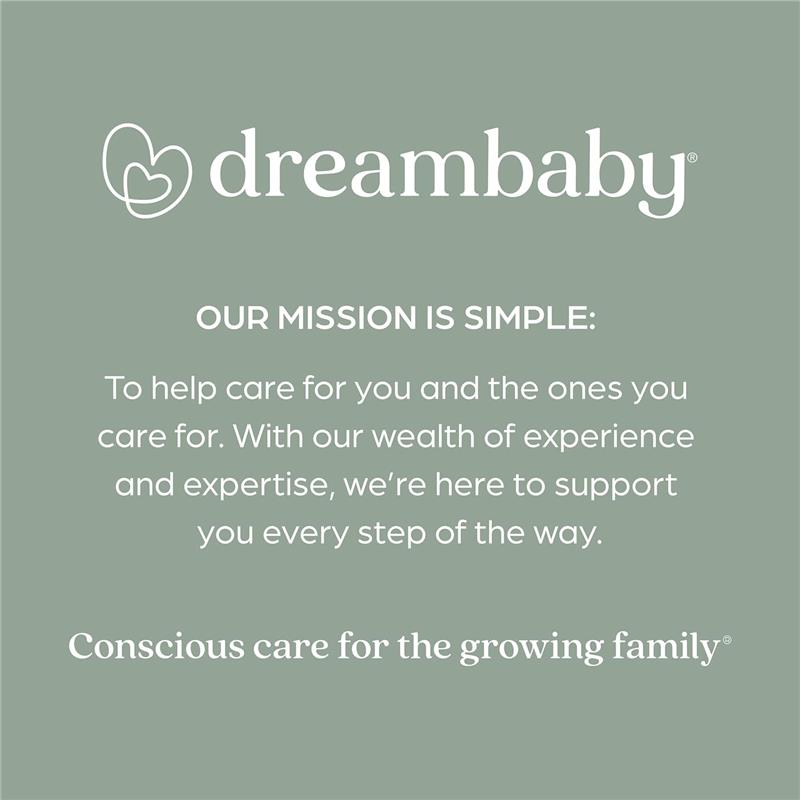 Dreambaby mission statement about caring for families, emphasizing support and expertise, with a green background.