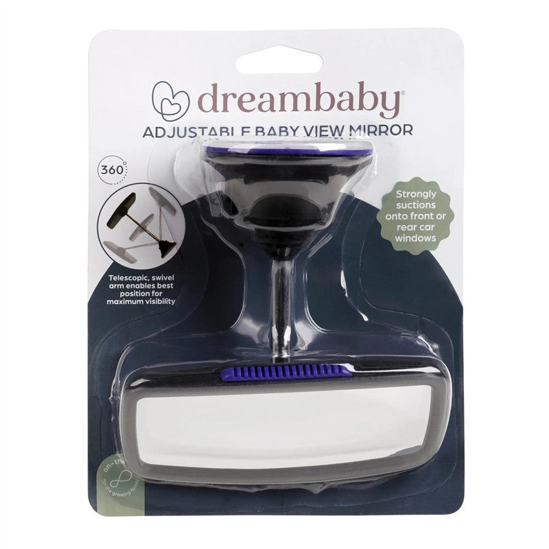 Dreambaby Deluxe Adjustable Baby View Mirror in packaging, featuring a telescopic arm and suction for visibility in cars.