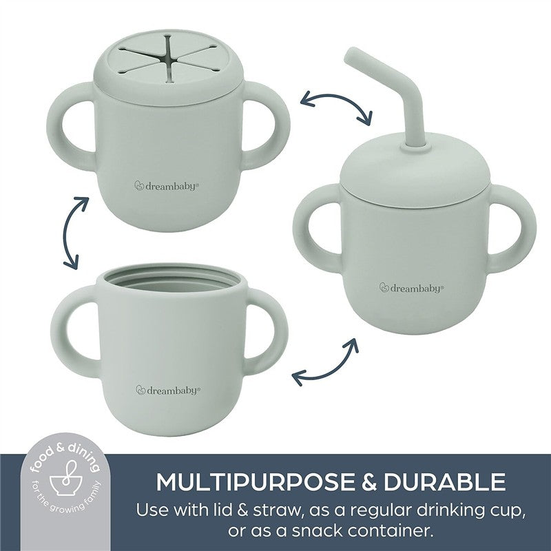 Dreambaby Drink & Snack Cup in seafoam, featuring a lid, straw, and handles for versatile use.