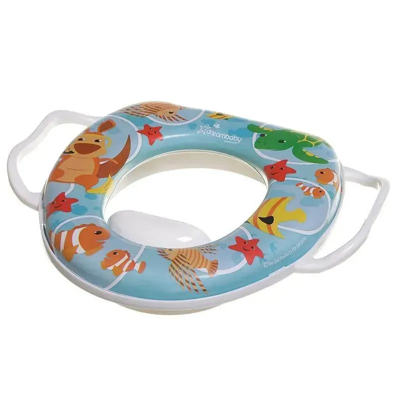 Soft potty seat featuring Australian animals, designed for toddlers with colorful characters and side handles.