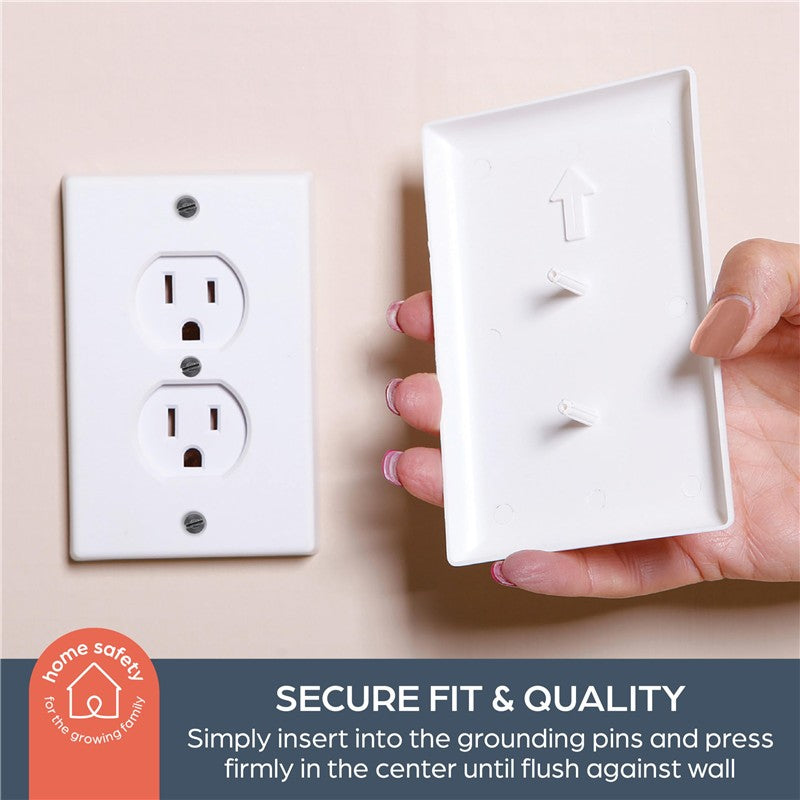 Paintable CoverPlug in hand, showing how to install over an electrical outlet for home safety. Includes instructions.