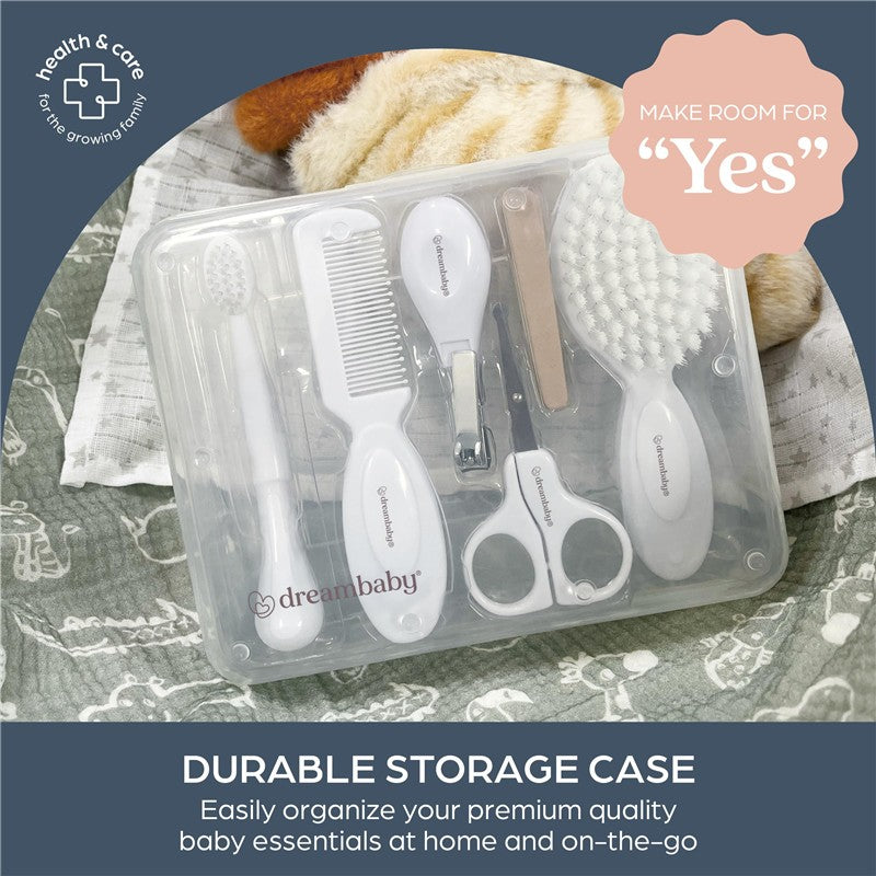 Dreambaby Essential Grooming Kit features a comb, brush, nail clippers, scissors, thermometer, and storage case.