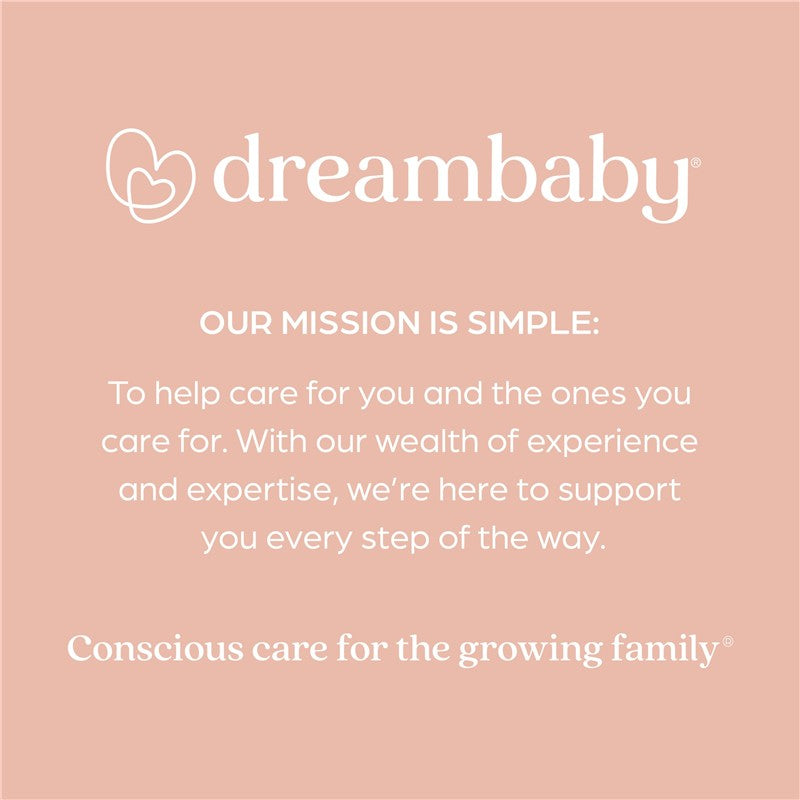 Dreambaby branding on a peach background, stating their mission to support families with care and expertise.