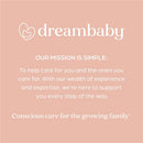 Dreambaby branding on a peach background, stating their mission to support families with care and expertise.
