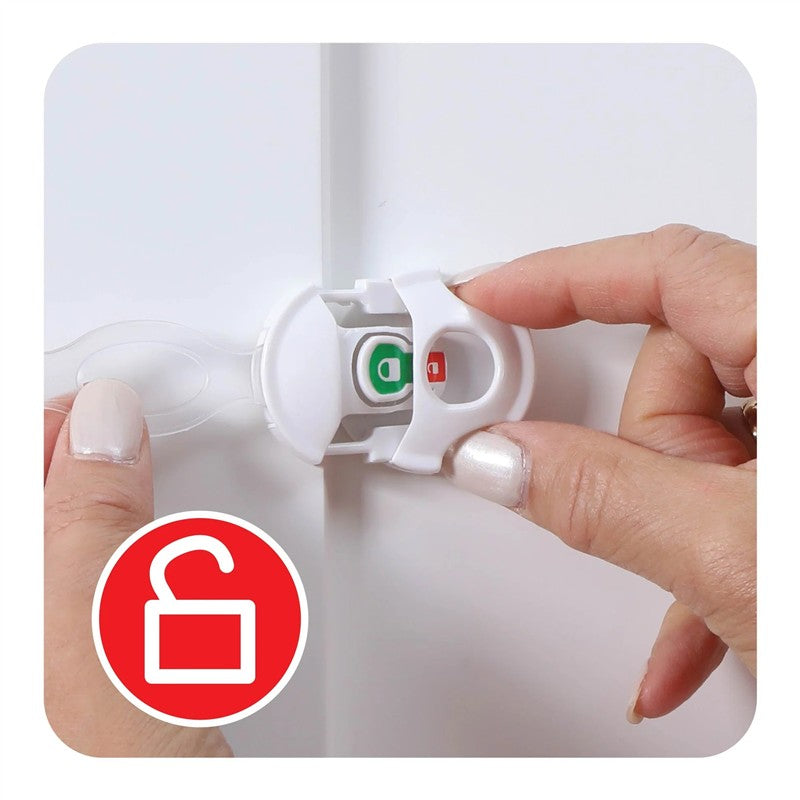 Dreambaby Ezy-Check Multi-Use Latch in white, demonstrating secure locking mechanism with green unlock and red lock indicators.