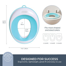 Dreambaby Potty Trainer Seat in Aqua, designed to fit various toilet shapes, showcasing dimensions and usage convenience.