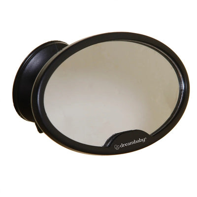 Rear-facing baby mirror with an oval shape and a black frame, designed for easier visibility of infants while driving.