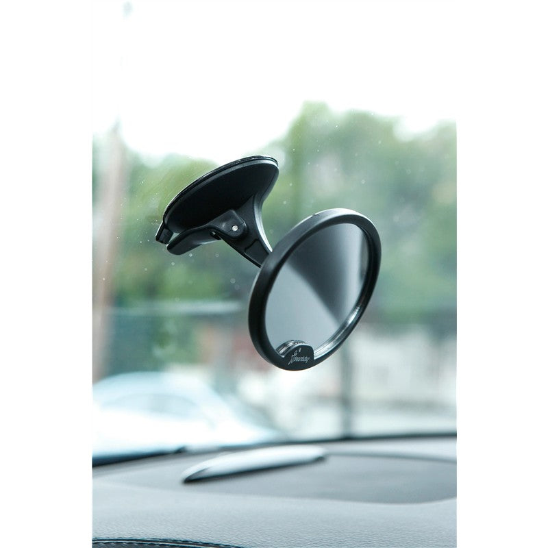 Ezy-View Baby View Mirror attached to a car windshield, designed for rear visibility of a child.