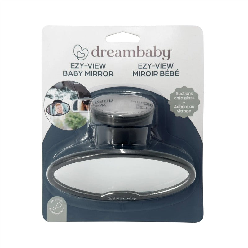 Dreambaby Ezy-View Baby View Mirror, a round mirror with suction cup, designed for safe rearview visibility of a baby.