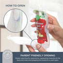 Dreambaby Pouch Pal showing a parent holding a fruit puree pouch, with instructions for easy opening highlighted.