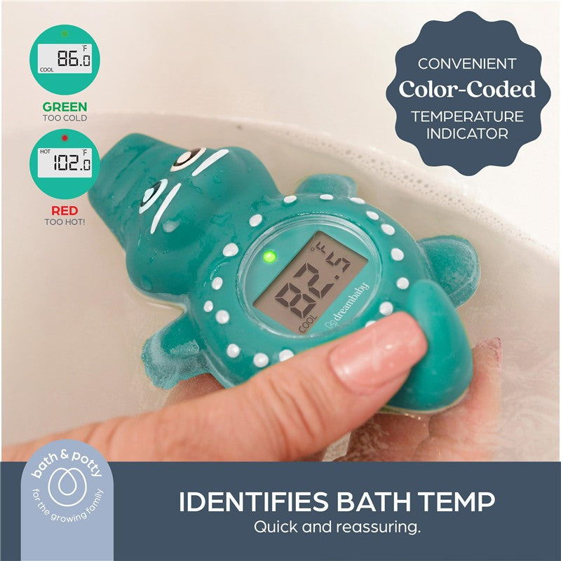 Crocodile-shaped thermometer in water with digital display showing temperature; features color-coded indicators for safety.