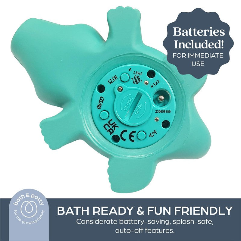 Crocodile-shaped bath and room thermometer, featuring an easy-to-use base with an on/off switch and battery compartment.
