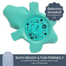 Crocodile-shaped bath and room thermometer, featuring an easy-to-use base with an on/off switch and battery compartment.