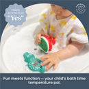Crocodile-shaped bath thermometer in a bubbly bathtub, held by a child. Displays temperature and promotes safe bathing.