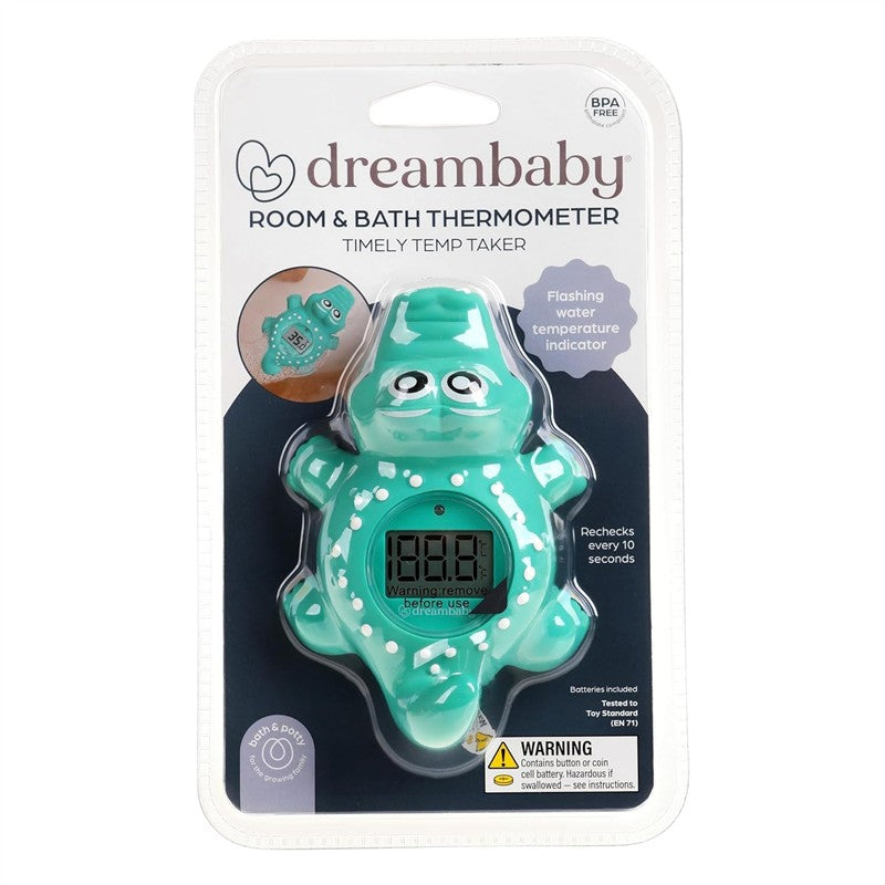 Dreambaby Room & Bath Thermometer shaped like a crocodile, featuring a digital display and BPA-free design.
