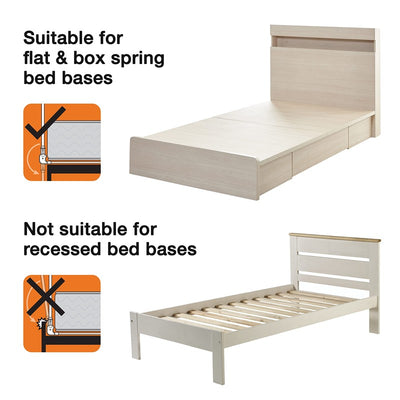 Dreambaby Savoy Bed Rail in white showing suitability for flat and box spring bed bases with visual illustrations.