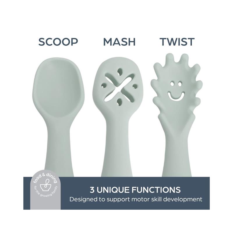 Scoop and Mash Twist utensils in seafoam, designed for children, featuring three unique functions to aid motor skill development.