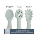 Scoop and Mash Twist utensils in seafoam, designed for children, featuring three unique functions to aid motor skill development.