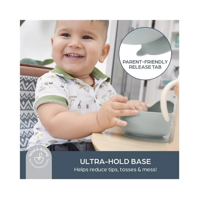 Scoop suction bowl in seafoam with a child smiling, showcasing its ultra-hold base and parent-friendly release tab.