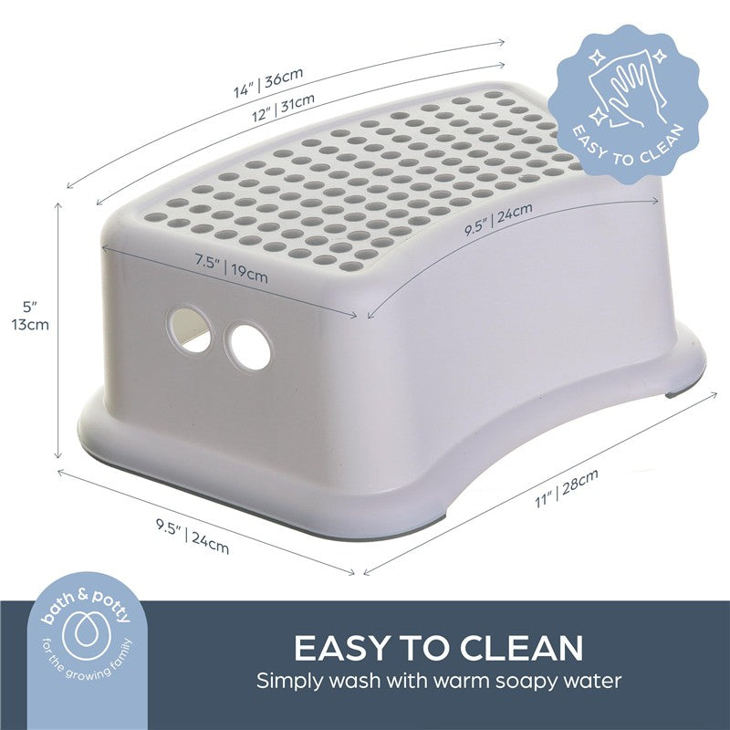 Grey dot step stool designed for children, featuring a textured, non-slip surface and dimensions for easy cleaning.